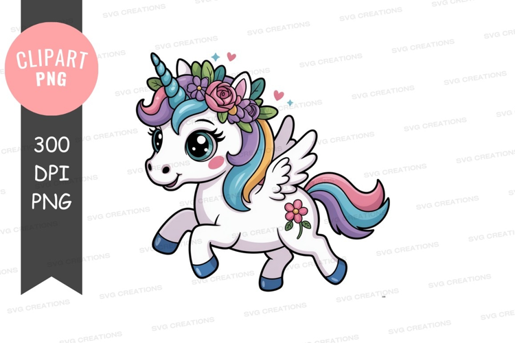 Whimsical winged unicorn adorned with flowers pegasus