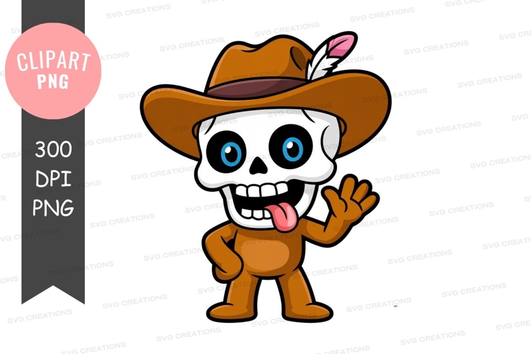 Cartoon skeleton wearing cowboy hat feather blue