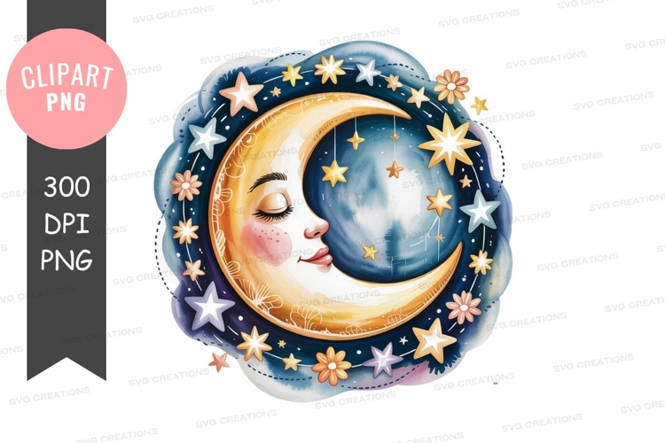 Sleeping moon with stars and flowers night