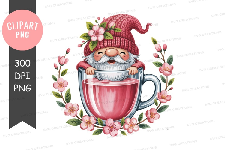 Cheerful gnome in pink hat drinks pink beverage beard