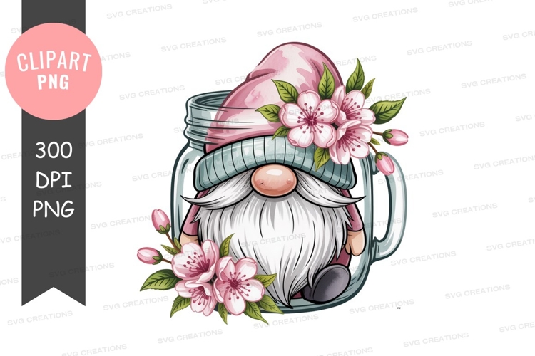 Pink gnome in jar with blossoms flowers