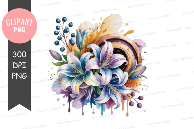 Lilies berries watercolor splash blue purple