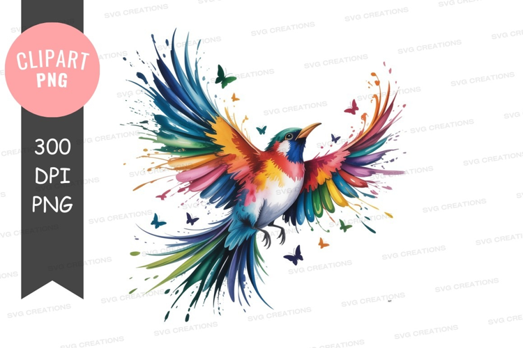 Colorful bird with splashing wings and butterflies