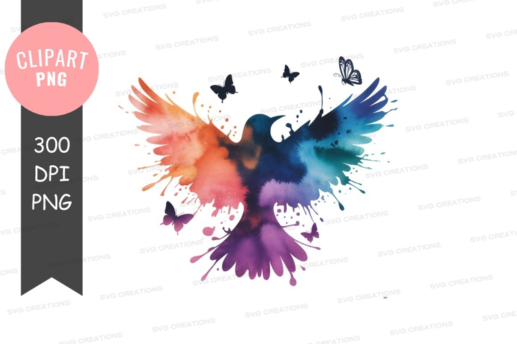 Colorful bird with butterflies butterfly watercolor