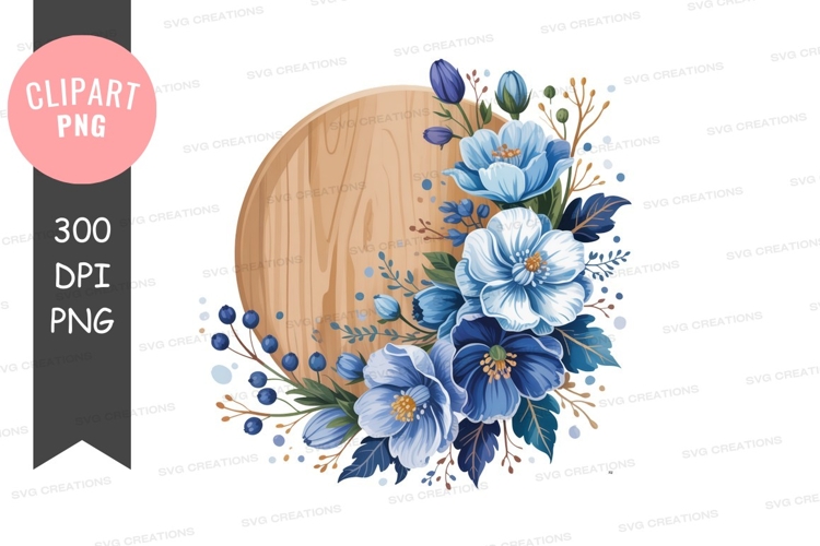 Blue floral arrangement on wood flowers berries