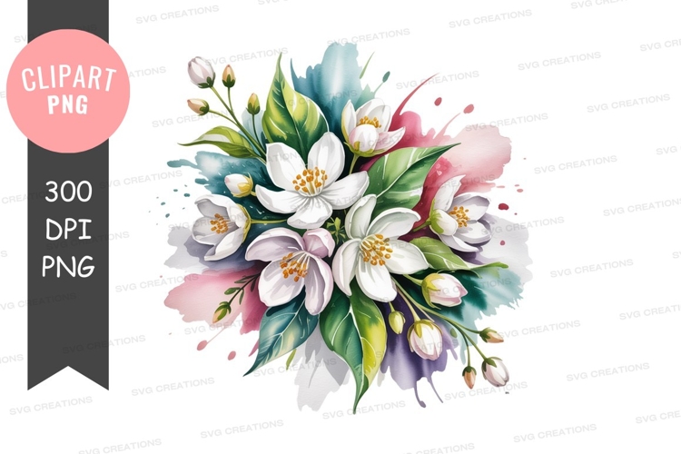 White blossoms with green leaves and watercolor splashes