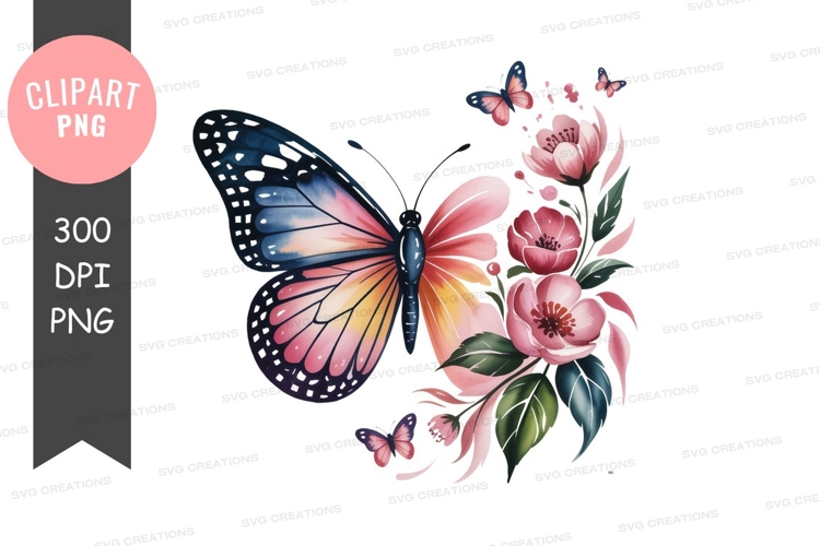 Colorful butterfly and pink flowers blue yellow