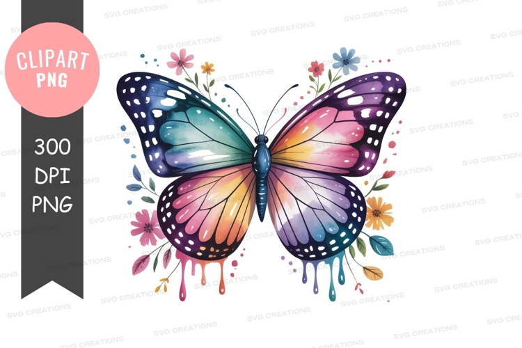 Colorful butterfly with floral accents watercolor insect