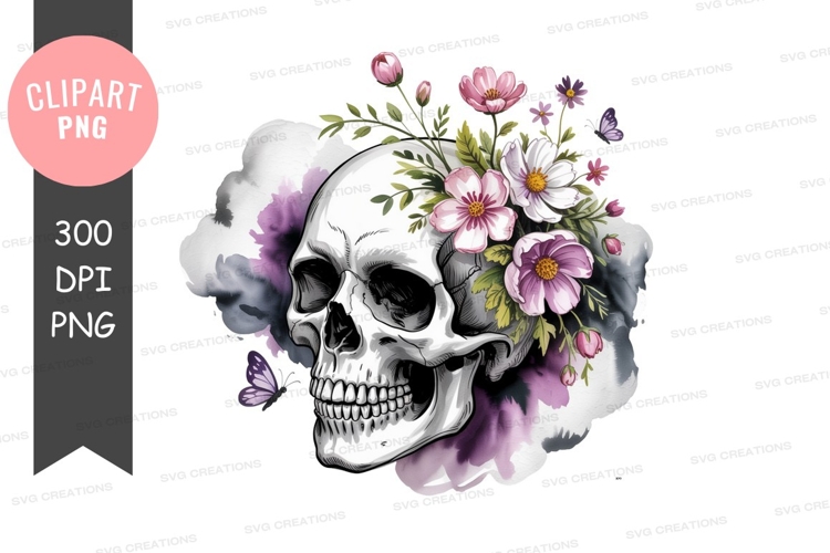 Skull flowers butterflies watercolor pink