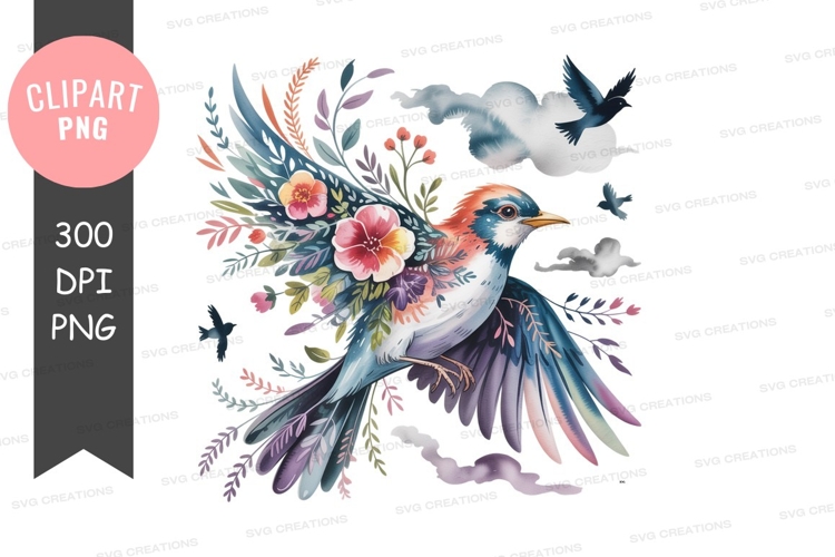 Floral bird in flight with clouds watercolor