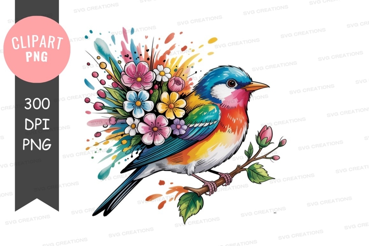 Colorful bird with floral explosion flowers branch