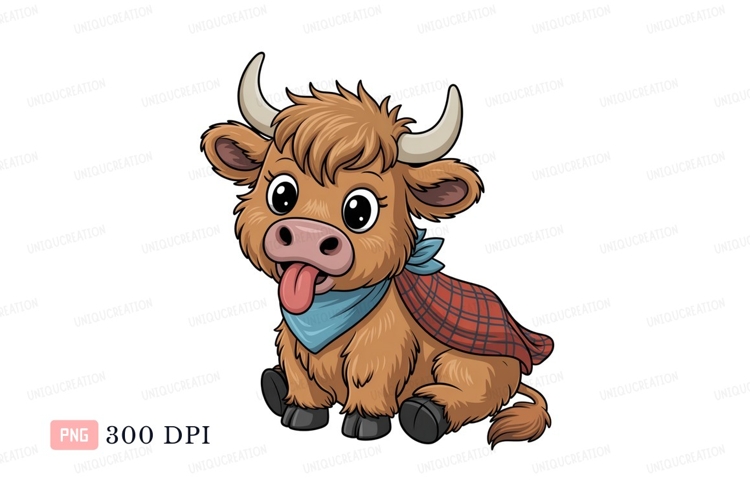 Fluffy cow with tongue out wearing bandana brown