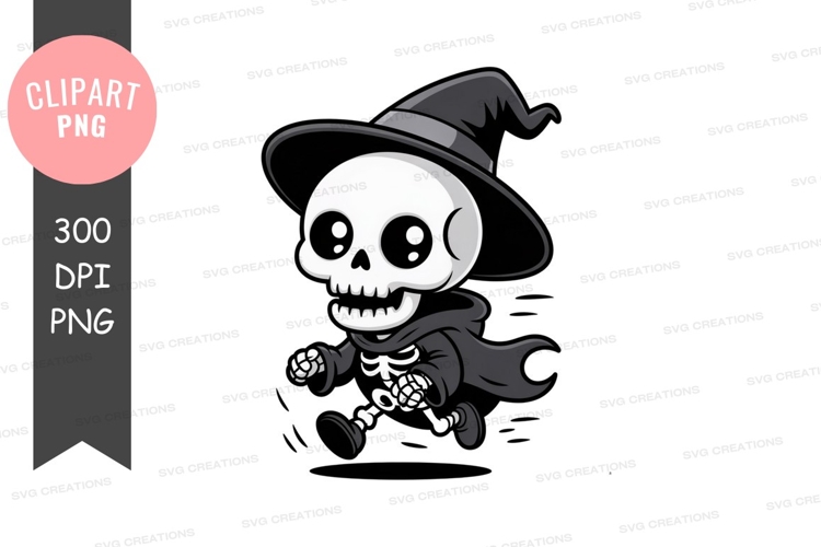 Cute skeleton wearing witch hat running image