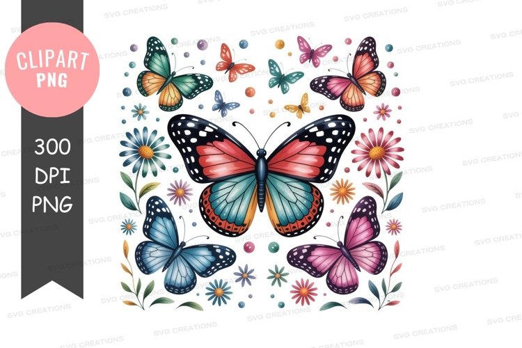 Colorful butterflies and flowers on black butterfly