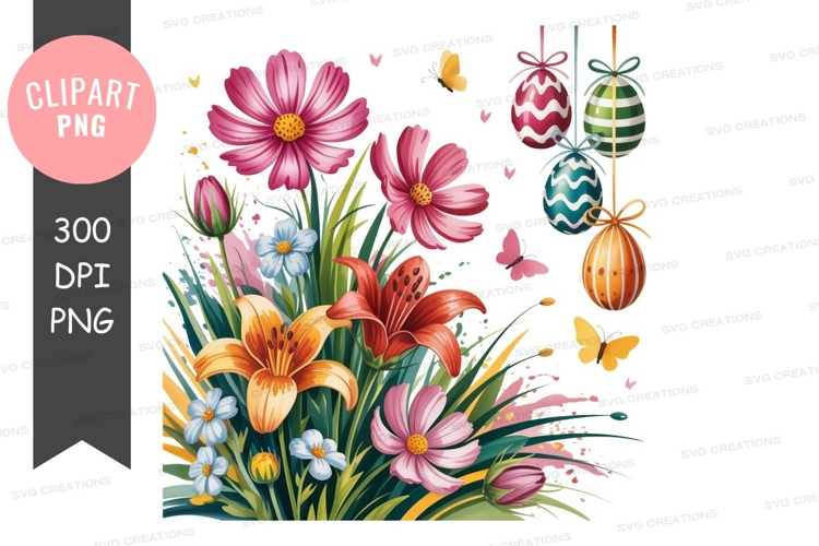 Pink orange blue flowers butterflies easter eggs image