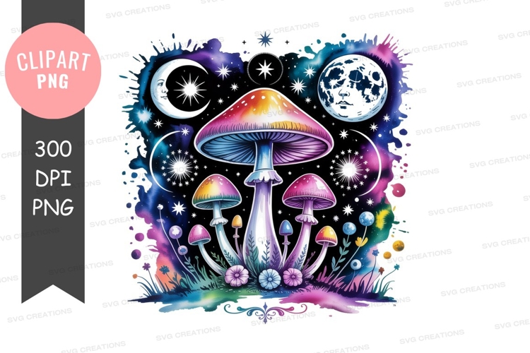 Psychedelic mushrooms cosmic night fantasy
