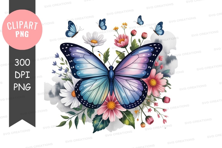 Large butterfly surrounded by flowers pink white