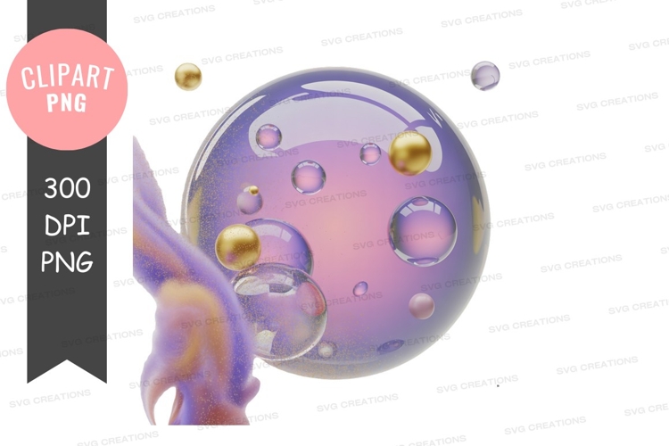 Golden spheres floating in iridescent bubbles abstract