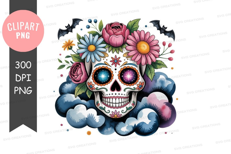 Decorated skull flowers bats clouds colorful