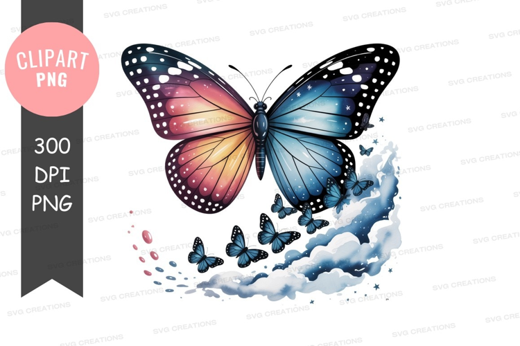 Large butterfly with smaller butterflies and clouds