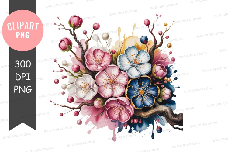 Pink white blue blossoms branch flower