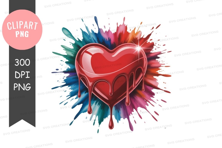 Red heart dripping colorful paint splash