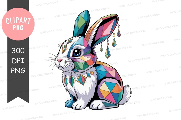 Geometric rabbit adorned with colorful gemstones crystals