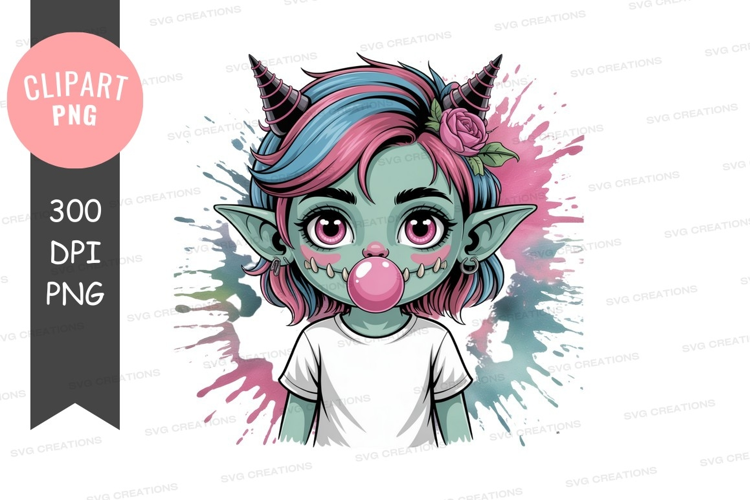 Green creature blowing pink bubblegum blue