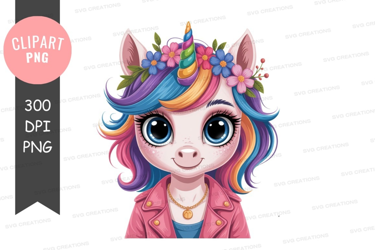 Unicorn wearing flower crown and pink jacket fantasy