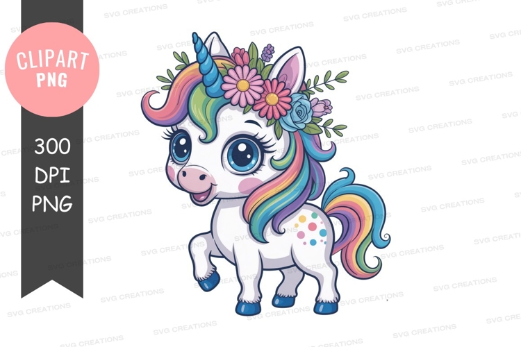 Cute unicorn with rainbow mane and floral crown tail