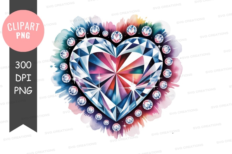 Heart shaped diamond surrounded by smaller gems and watercol