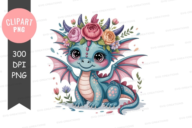 Blue dragon with flower crown pink flowers