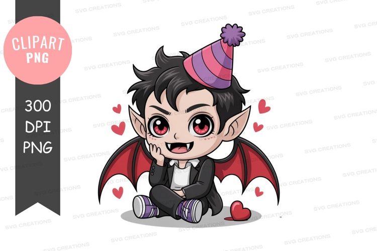 Chibi vampire wearing party hat and wings cute cartoon