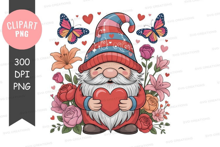 Gnome holding heart surrounded by flowers and butterflies