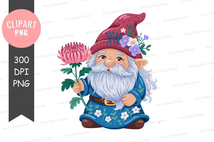 Cheerful gnome holding pink flower blue