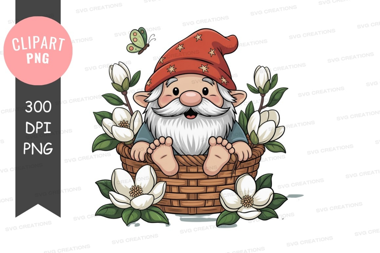 Cheerful gnome surrounded by white flowers and butterfly