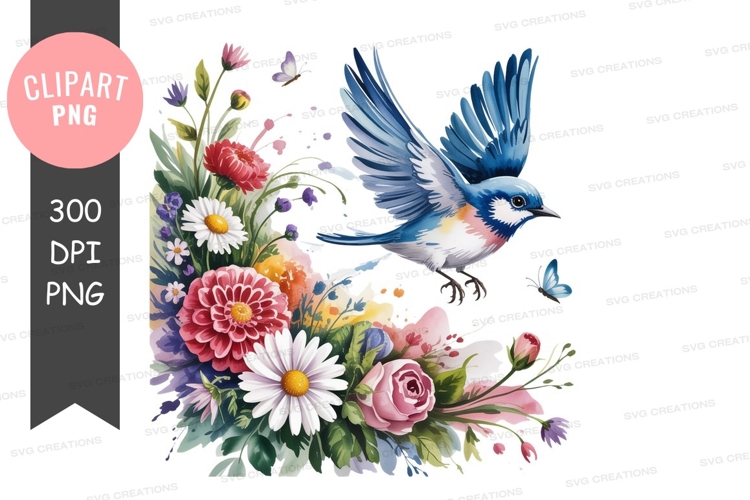 Blue bird flying over colorful flowers image