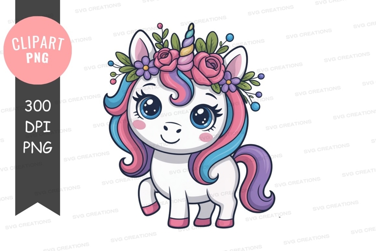 Cute unicorn with floral crown fantasy mythical