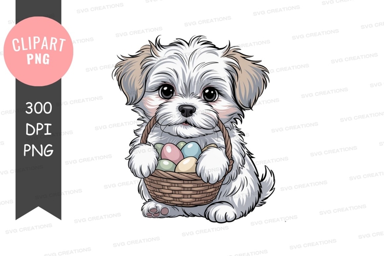 Fluffy puppy holds easter basket white