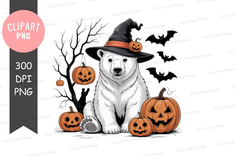 Polar bear witch with pumpkins image