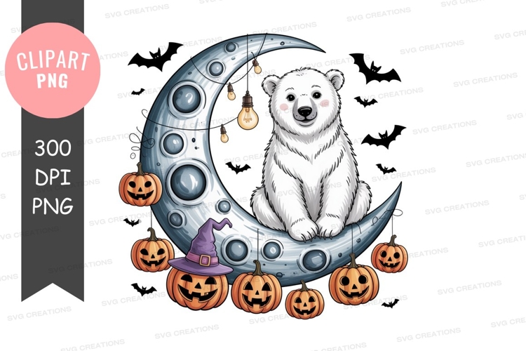 Polar bear on moon with pumpkins crescent