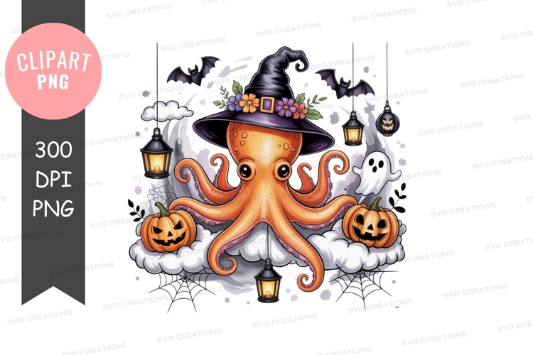 Orange octopus witch with pumpkins image