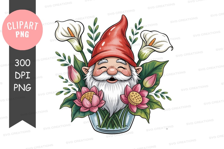 Cheerful gnome surrounded by flowers beard white