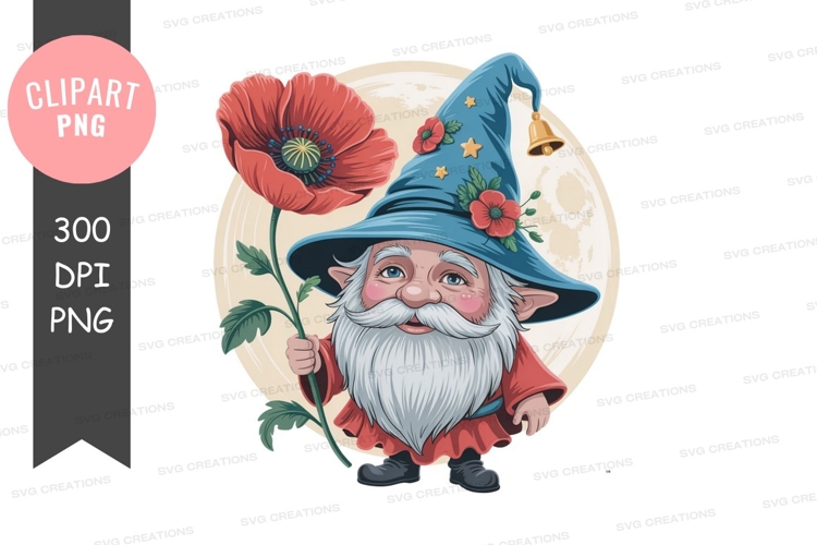 Gnome holding red poppy flower wizard blue