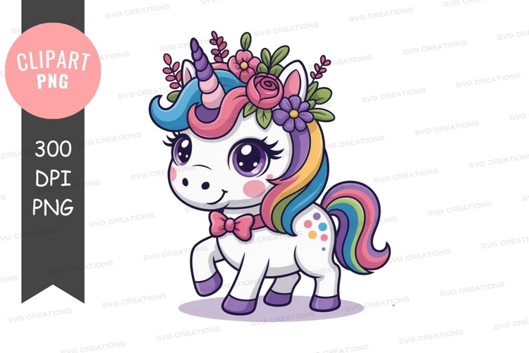 Cute unicorn adorned with flowers and bow fantasy magical