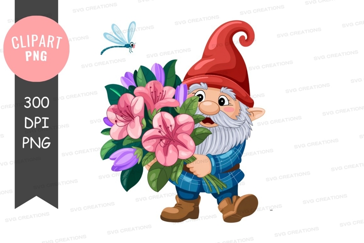 Gnome holding pink flowers dragonfly purple blue