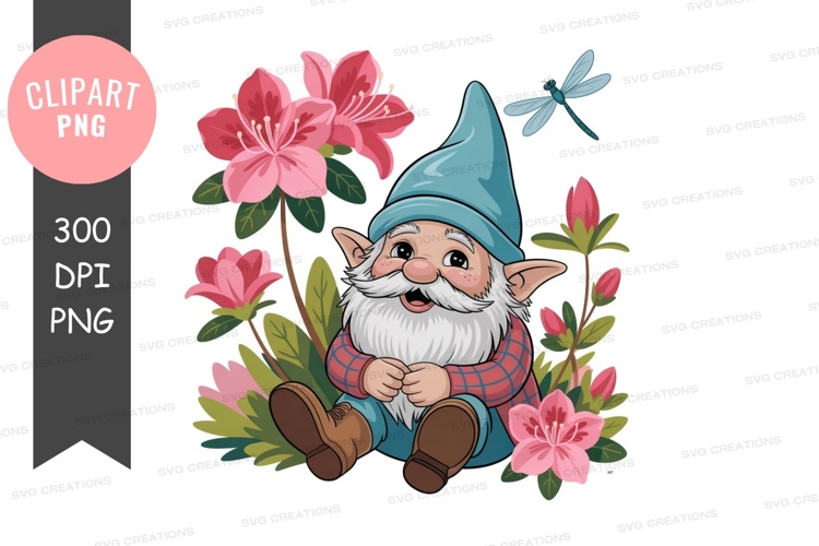 Cheerful gnome surrounded by pink flowers and a dragonfly