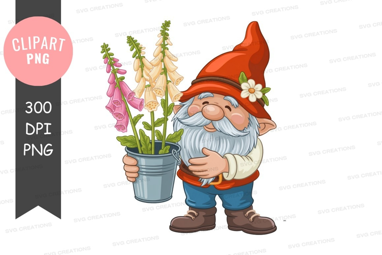 Cheerful gnome holding pink and cream foxgloves garden