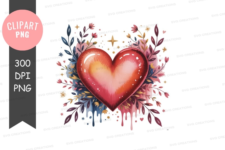Red heart surrounded by floral elements pink yellow
