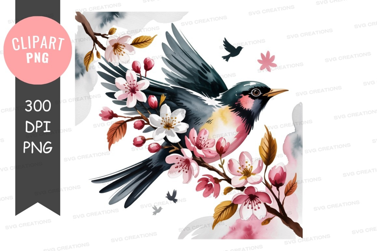 Bird blossoms branch pink white